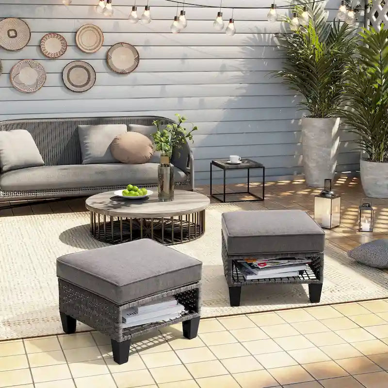 VredHom Ottoman de patio en rotin rembourré (lot de 2) - 30 H x 50 L x 50 P cm