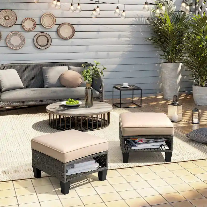 VredHom Ottoman de patio en rotin rembourré (lot de 2) - 30 H x 50 L x 50 P cm