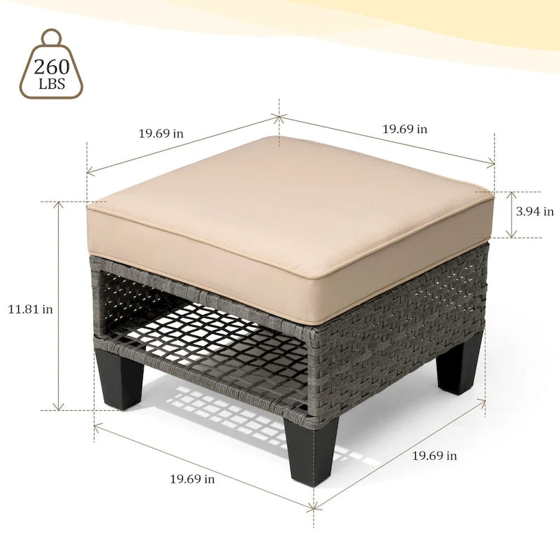 VredHom Ottoman de patio en rotin rembourré (lot de 2) - 30 H x 50 L x 50 P cm