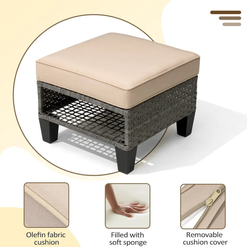VredHom Ottoman de patio en rotin rembourré (lot de 2) - 30 H x 50 L x 50 P cm