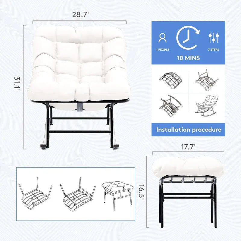 Ensemble chaise et repose-pieds à cadre métallique avec coussins amovibles Confort et durabilité en extérieur