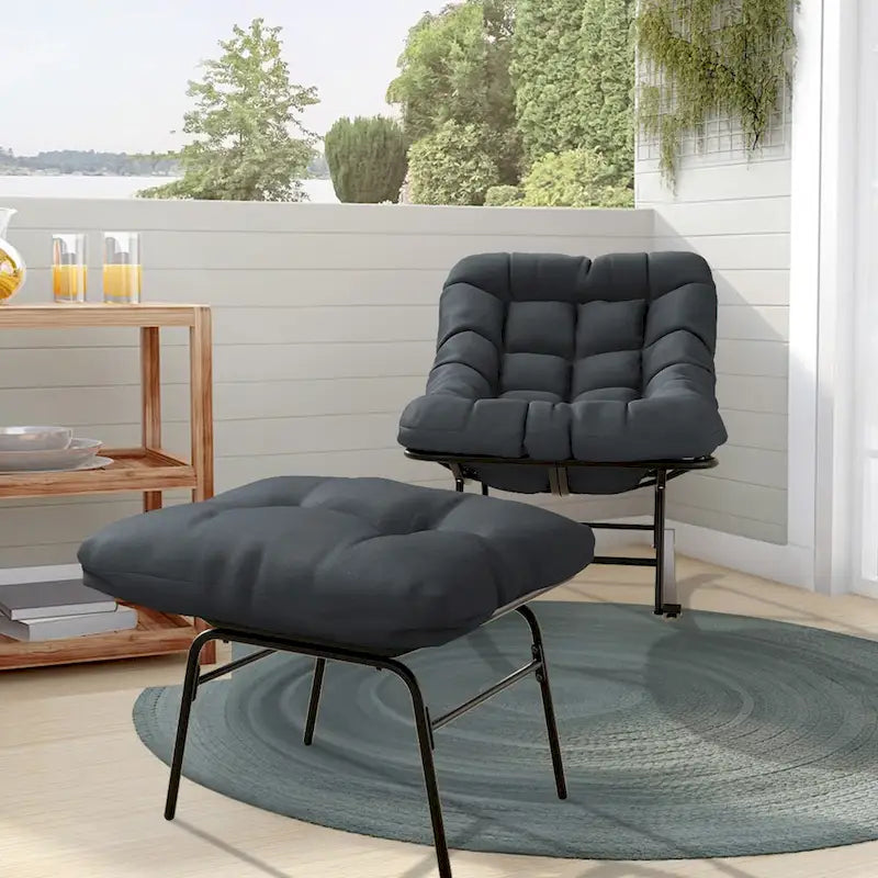 Ensemble chaise et repose-pieds à cadre métallique avec coussins amovibles Confort et durabilité en extérieur