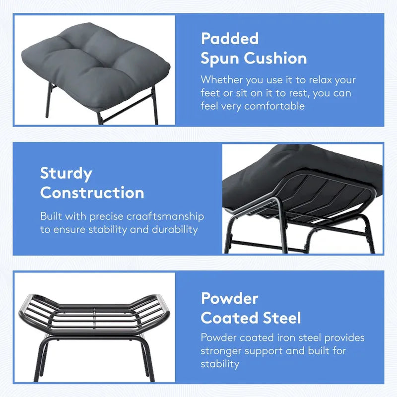 Ensemble chaise et repose-pieds à cadre métallique avec coussins amovibles Confort et durabilité en extérieur