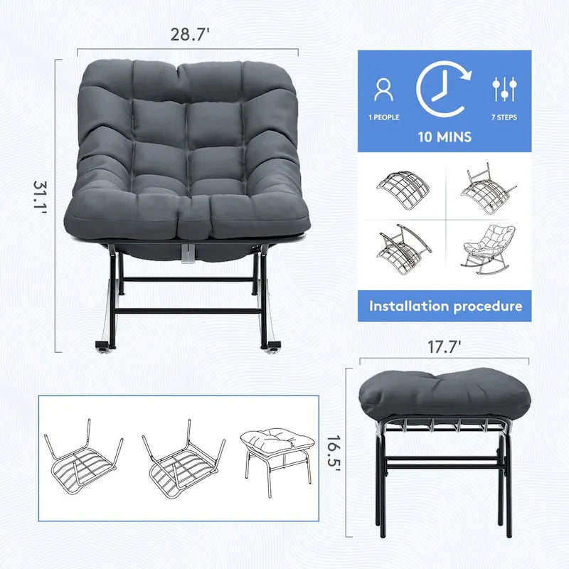 Ensemble chaise et repose-pieds à cadre métallique avec coussins amovibles Confort et durabilité en extérieur