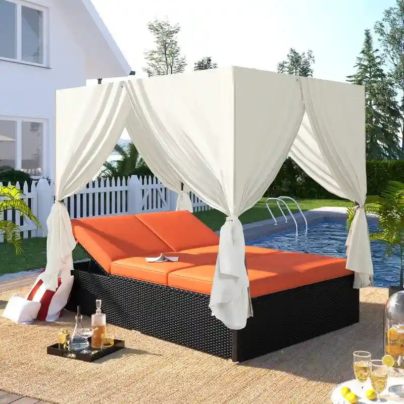 Lit de Repos/Bain de Soleil Extérieur Réglable en Rotin avec Coussins et Auvent