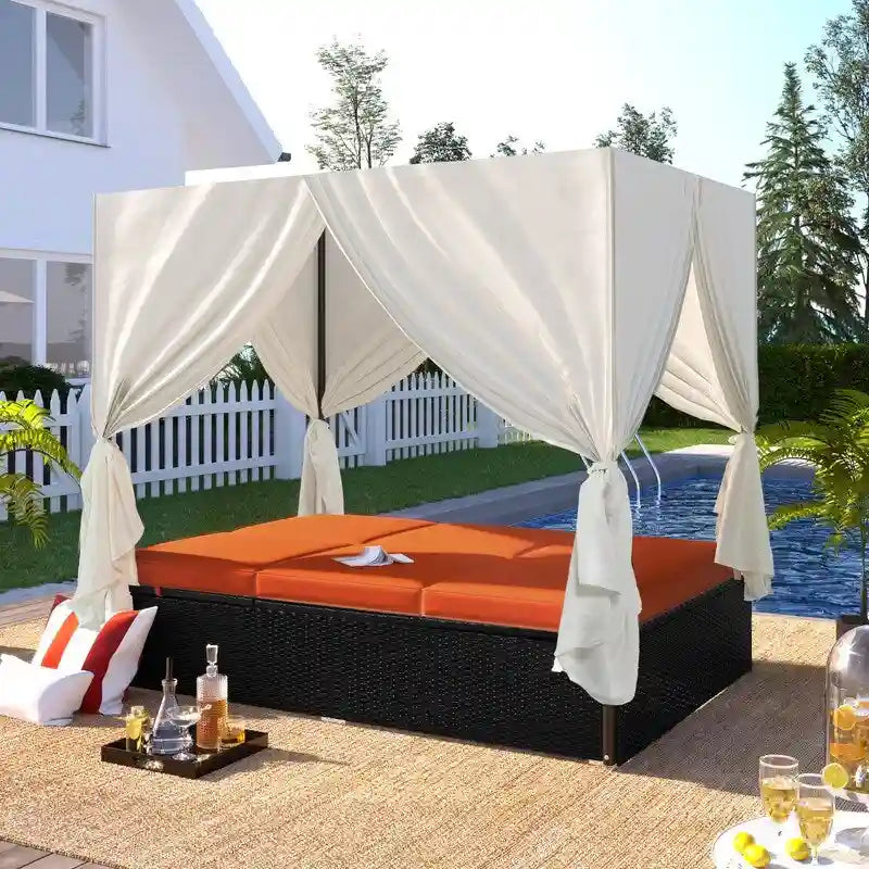 Lit de Repos/Bain de Soleil Extérieur Réglable en Rotin avec Coussins et Auvent