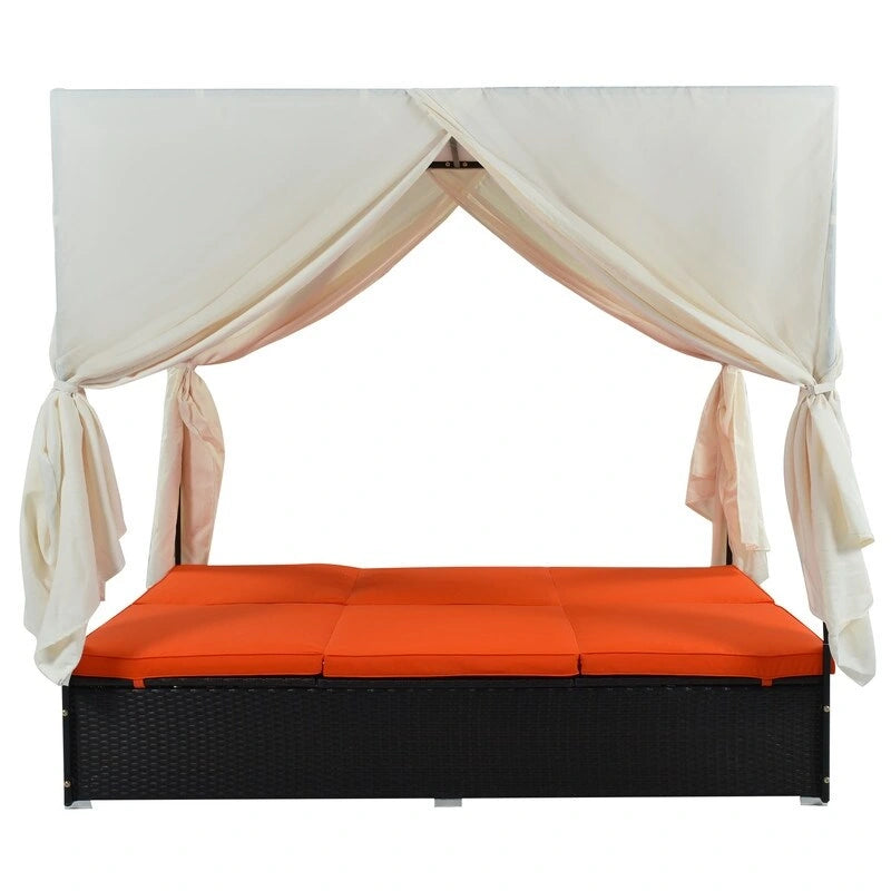Lit de Repos/Bain de Soleil Extérieur Réglable en Rotin avec Coussins et Auvent