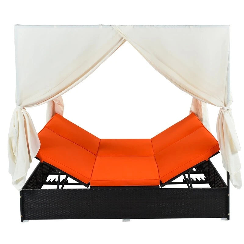 Lit de Repos/Bain de Soleil Extérieur Réglable en Rotin avec Coussins et Auvent