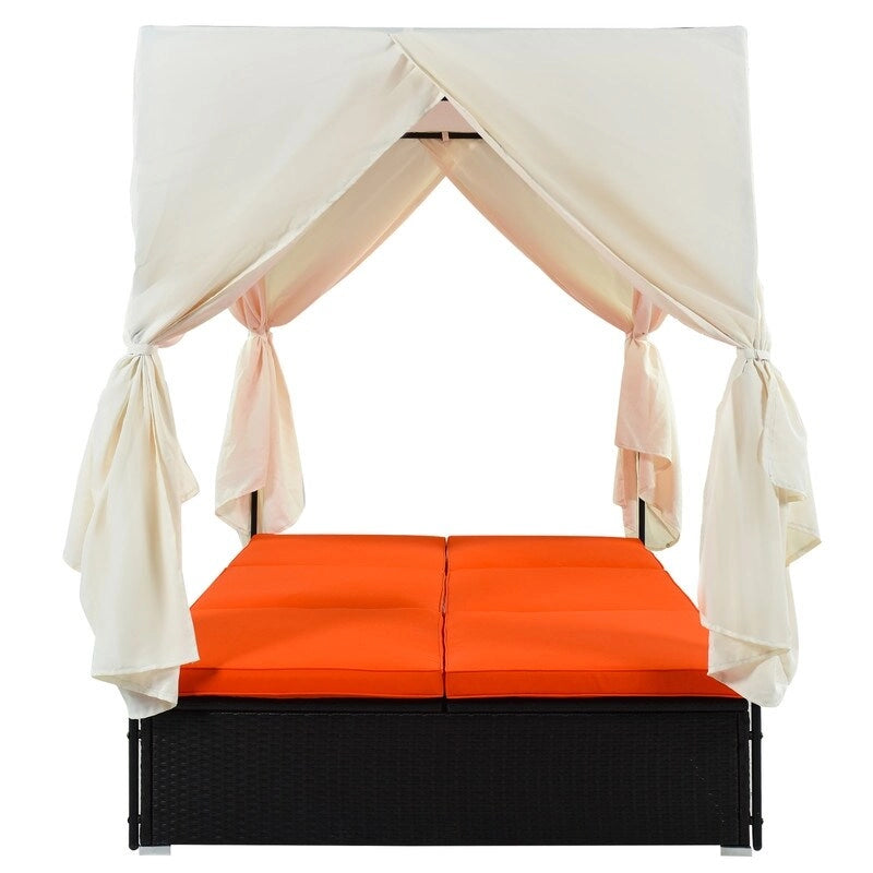Lit de Repos/Bain de Soleil Extérieur Réglable en Rotin avec Coussins et Auvent