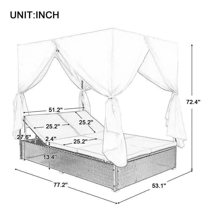 Lit de Repos/Bain de Soleil Extérieur Réglable en Rotin avec Coussins et Auvent