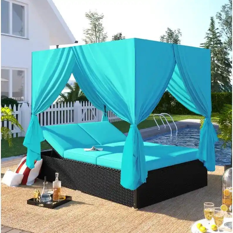 Lit de Repos/Bain de Soleil Extérieur Réglable en Rotin avec Coussins et Auvent