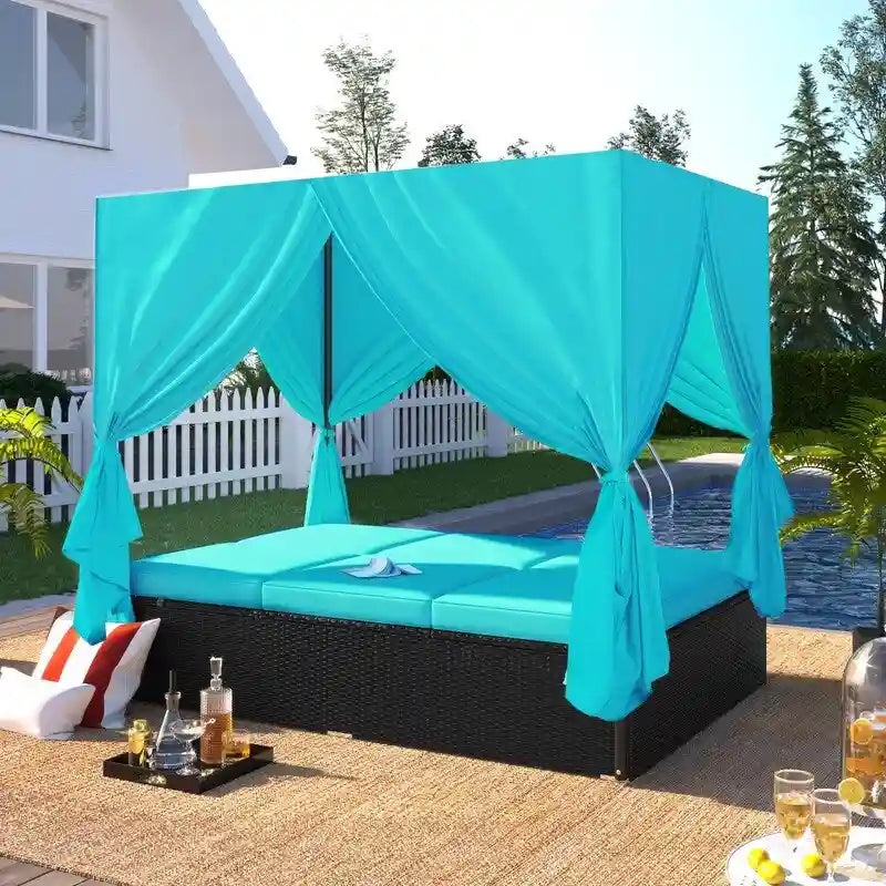 Lit de Repos/Bain de Soleil Extérieur Réglable en Rotin avec Coussins et Auvent