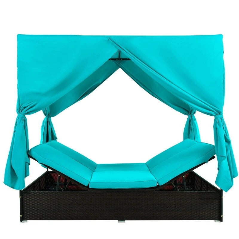 Lit de Repos/Bain de Soleil Extérieur Réglable en Rotin avec Coussins et Auvent