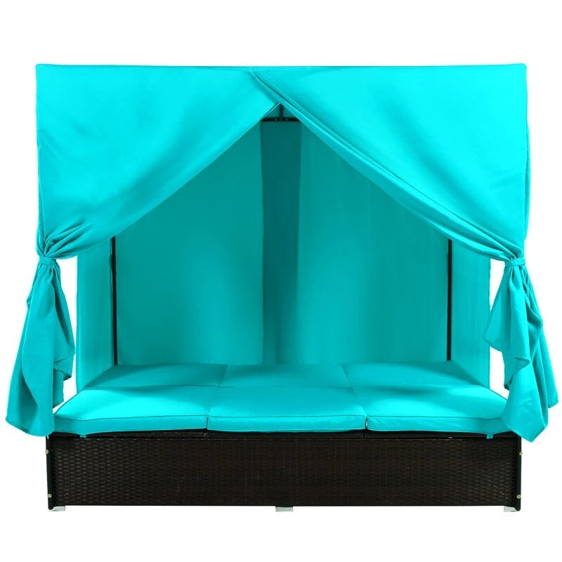 Lit de Repos/Bain de Soleil Extérieur Réglable en Rotin avec Coussins et Auvent