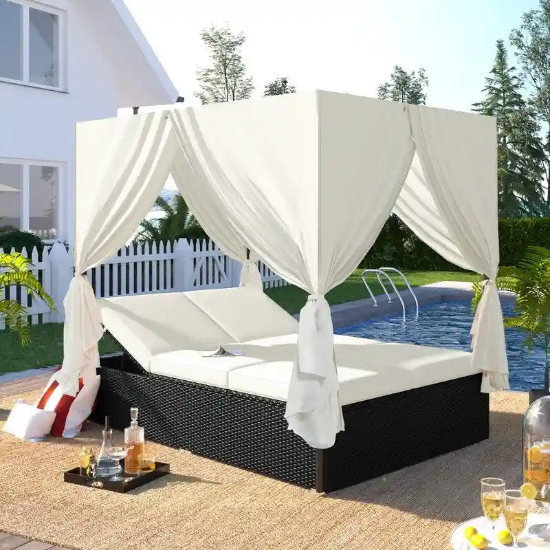 Lit de Repos/Bain de Soleil Extérieur Réglable en Rotin avec Coussins et Auvent