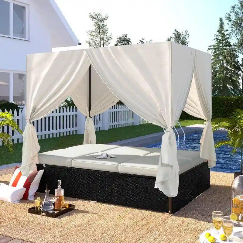 Lit de Repos/Bain de Soleil Extérieur Réglable en Rotin avec Coussins et Auvent