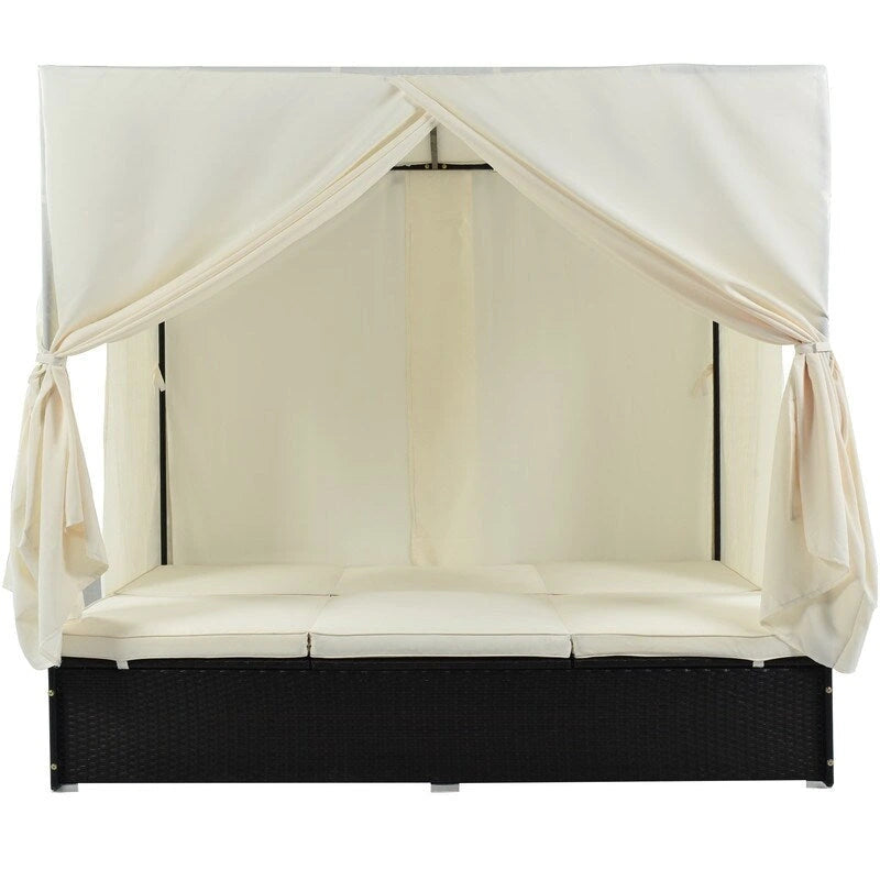Lit de Repos/Bain de Soleil Extérieur Réglable en Rotin avec Coussins et Auvent