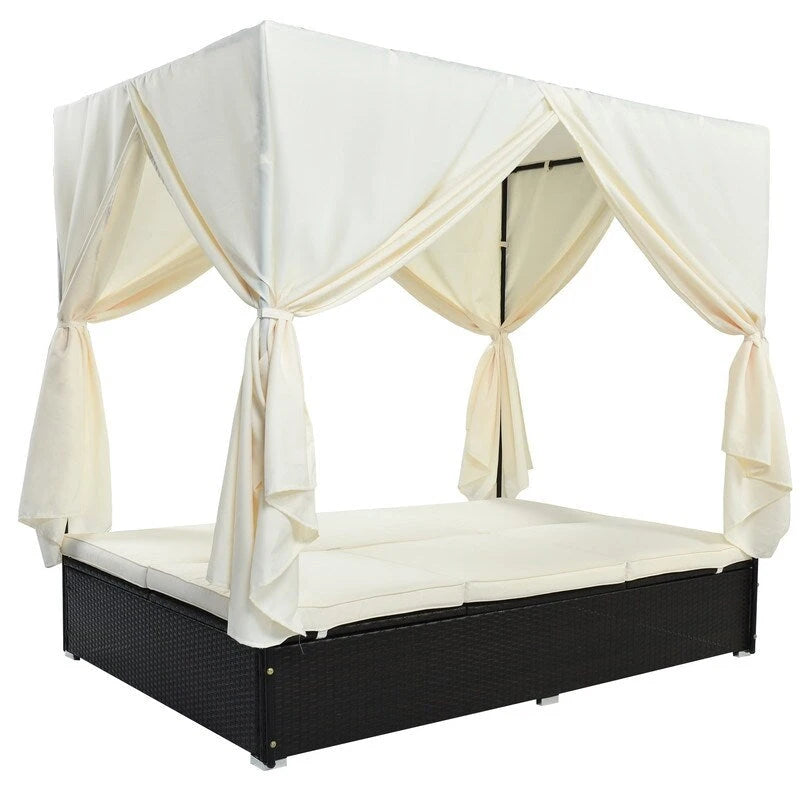 Lit de Repos/Bain de Soleil Extérieur Réglable en Rotin avec Coussins et Auvent