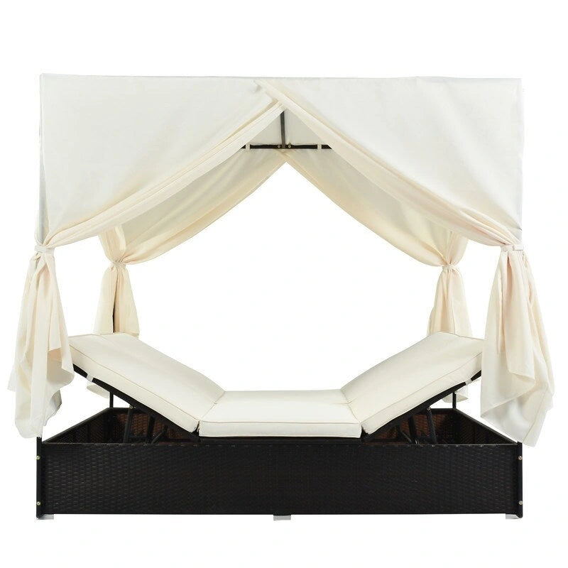 Lit de Repos/Bain de Soleil Extérieur Réglable en Rotin avec Coussins et Auvent