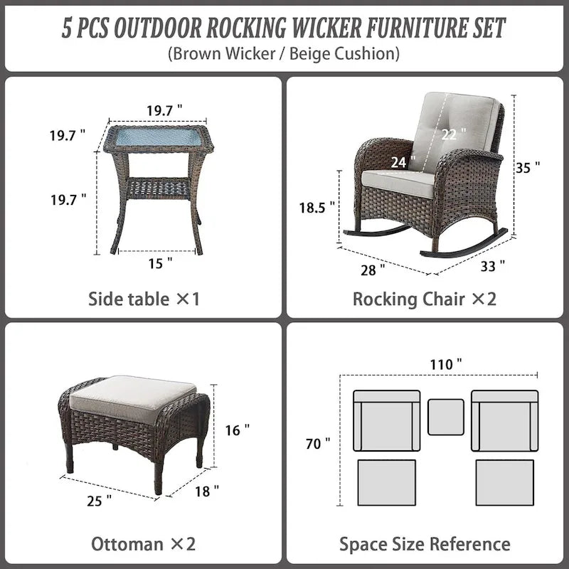 Fauteuil à bascule de patio avec ottoman et table – Marron
