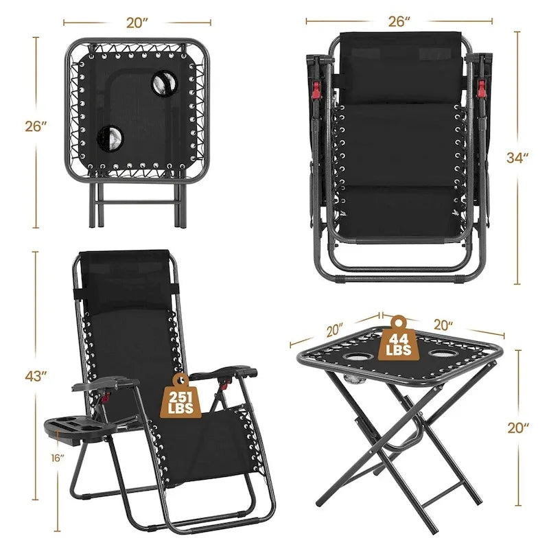 Yaheetech Lot de 3 chaises longues de jardin zéro gravité 66 cm avec table, chaises de camping avec table d'appoint - N/A