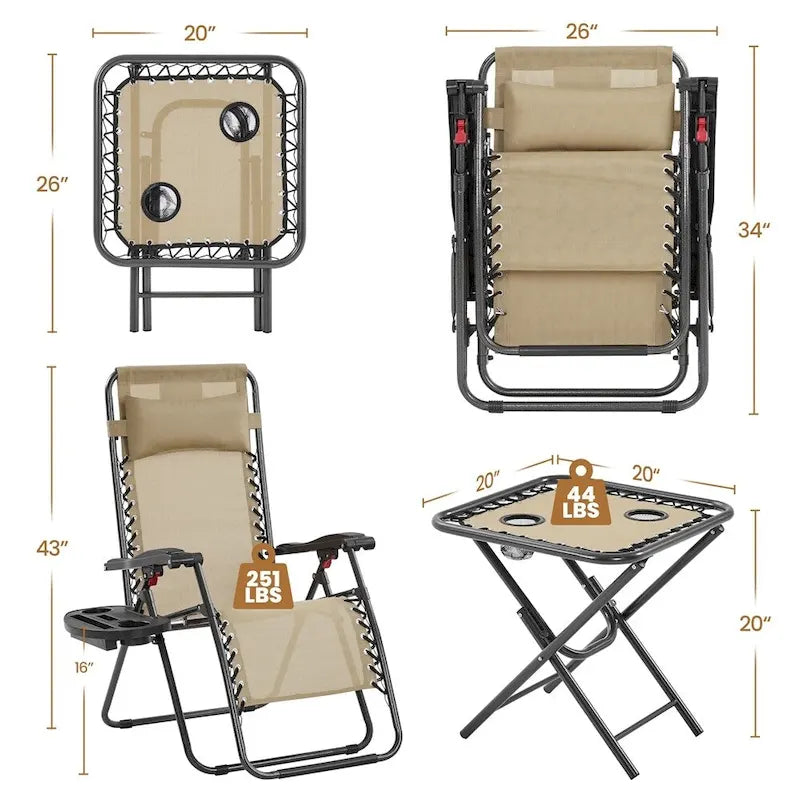 Yaheetech Lot de 3 chaises longues de jardin zéro gravité 66 cm avec table, chaises de camping avec table d'appoint - N/A
