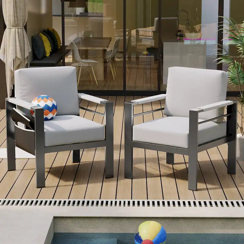 Outdoor Aluminum Club Chairs with Braided Rope Armrests Movable Side Pocket and Cushions (Set of 2)