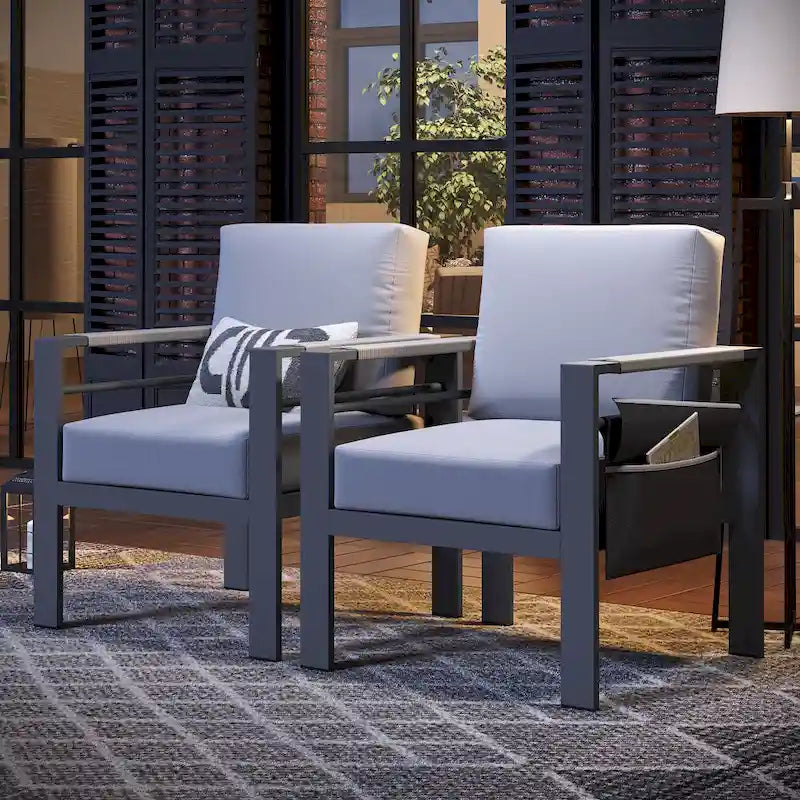 Fauteuils de club d'extérieur en aluminium avec accoudoirs en corde tressée, pochette latérale mobile et coussins (lot de 2)