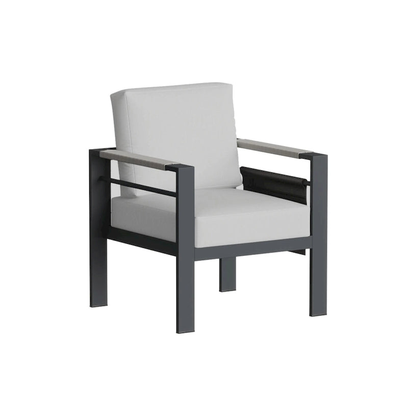 Fauteuils de club d'extérieur en aluminium avec accoudoirs en corde tressée, pochette latérale mobile et coussins (lot de 2)