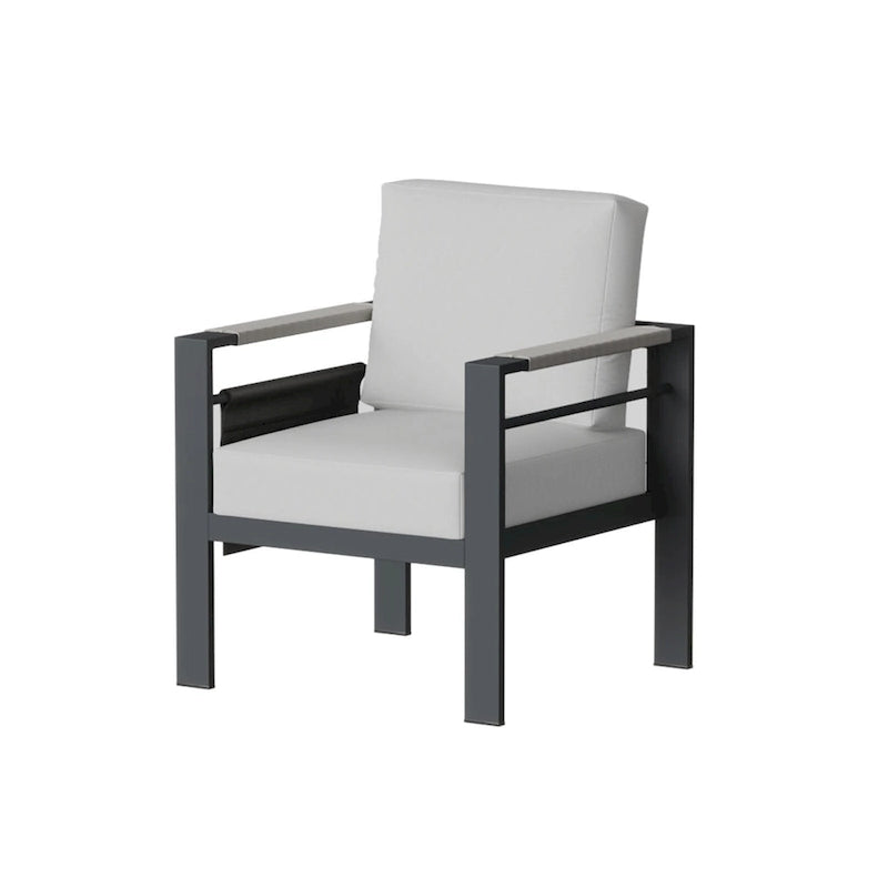 Fauteuils de club d'extérieur en aluminium avec accoudoirs en corde tressée, pochette latérale mobile et coussins (lot de 2)
