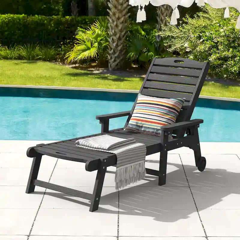 LUE BONA Outdoor Adjustable Wheeled Chaise Lounge Chairs with Arms for Patio, Deck, Backyard - 78.9L x 24W x 39.7H