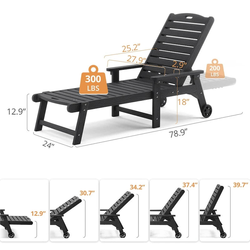 LUE BONA Chaises longues d'extérieur réglables à roulettes avec accoudoirs pour patio, terrasse, jardin - 78,9 L x 24 l x 39,7 H