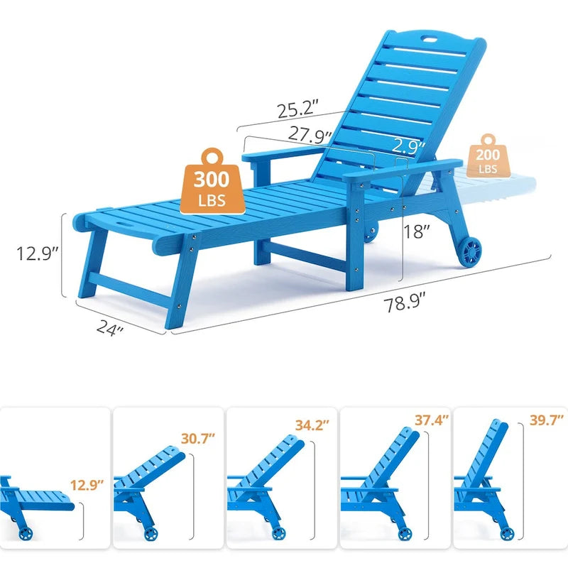 LUE BONA Chaises longues d'extérieur réglables à roulettes avec accoudoirs pour patio, terrasse, jardin - 78,9 L x 24 l x 39,7 H