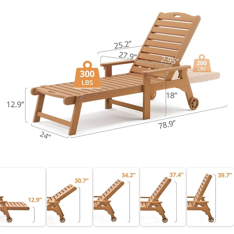 LUE BONA Chaises longues d'extérieur réglables à roulettes avec accoudoirs pour patio, terrasse, jardin - 78,9 L x 24 l x 39,7 H