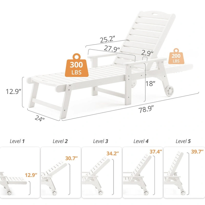 LUE BONA Chaises longues d'extérieur réglables à roulettes avec accoudoirs pour patio, terrasse, jardin - 78,9 L x 24 l x 39,7 H