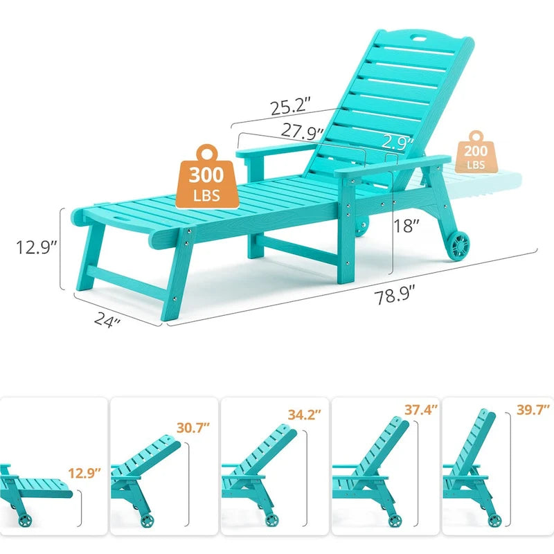 LUE BONA Chaises longues d'extérieur réglables à roulettes avec accoudoirs pour patio, terrasse, jardin - 78,9 L x 24 l x 39,7 H