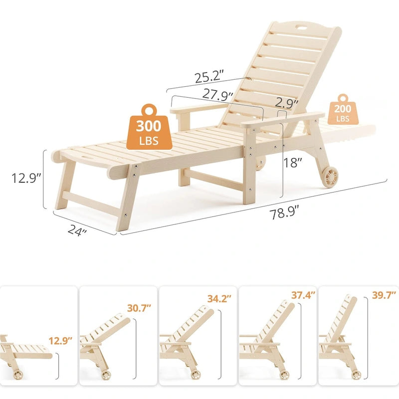 LUE BONA Chaises longues d'extérieur réglables à roulettes avec accoudoirs pour patio, terrasse, jardin - 78,9 L x 24 l x 39,7 H