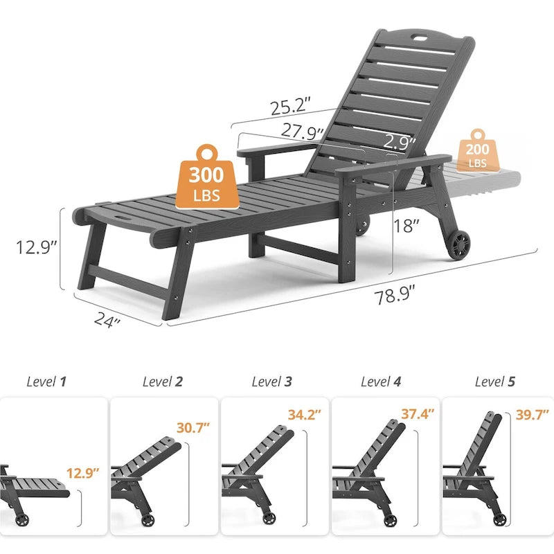 LUE BONA Chaises longues d'extérieur réglables à roulettes avec accoudoirs pour patio, terrasse, jardin - 78,9 L x 24 l x 39,7 H