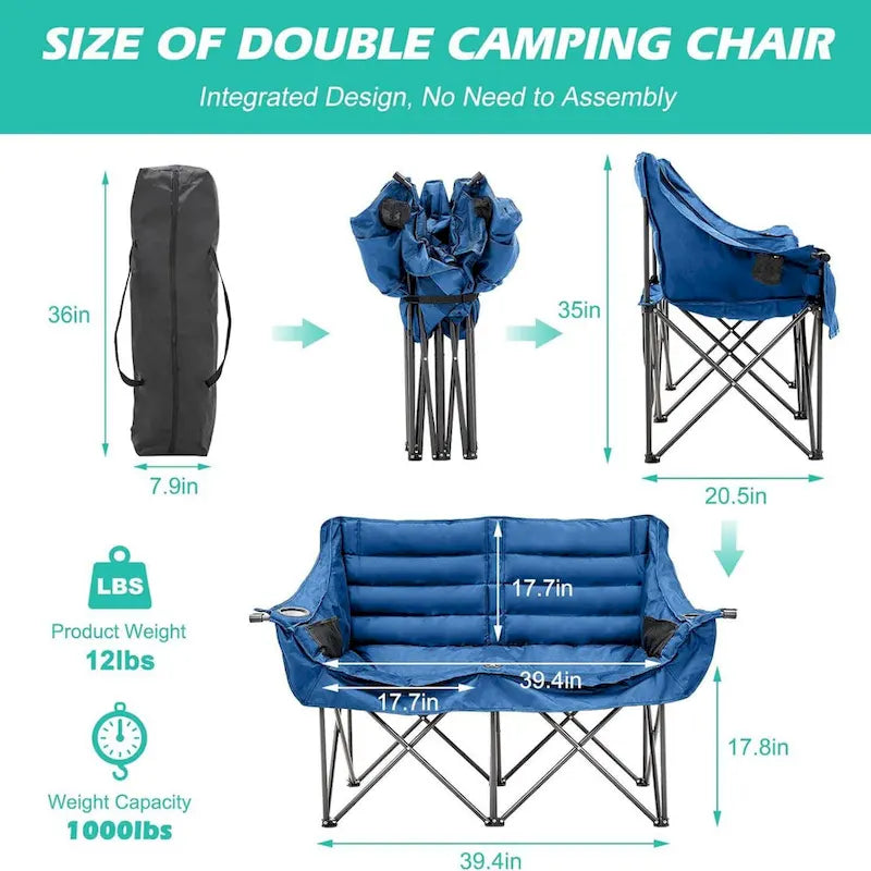Chaise de camping pliable DoCred Oversized 2 Person entièrement rembourrée