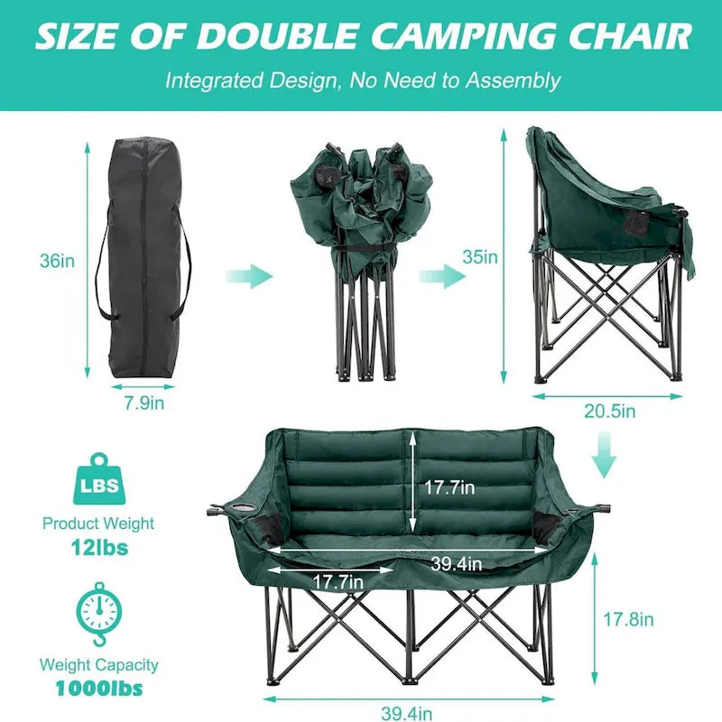 Chaise de camping pliable DoCred Oversized 2 Person entièrement rembourrée