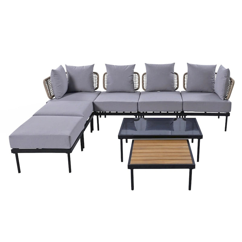 8-Piece Patio Sectional Sofa Set with Tempered Glass Coffee Table and Wooden Coffee Table for Outdoor Oasis, Garden