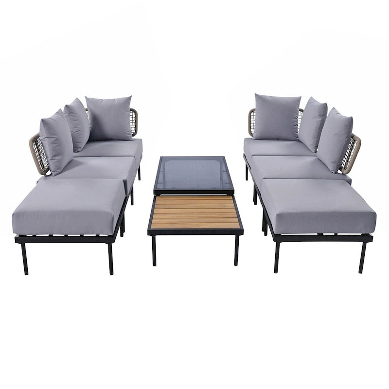 Ensemble de canapés modulaires de patio 8 pièces avec table basse en verre trempé et table basse en bois pour oasis extérieure, jardin