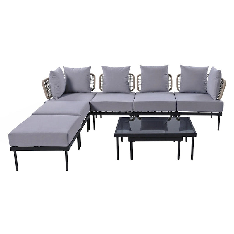 Ensemble de canapés modulaires de patio 8 pièces avec table basse en verre trempé et table basse en bois pour oasis extérieure, jardin