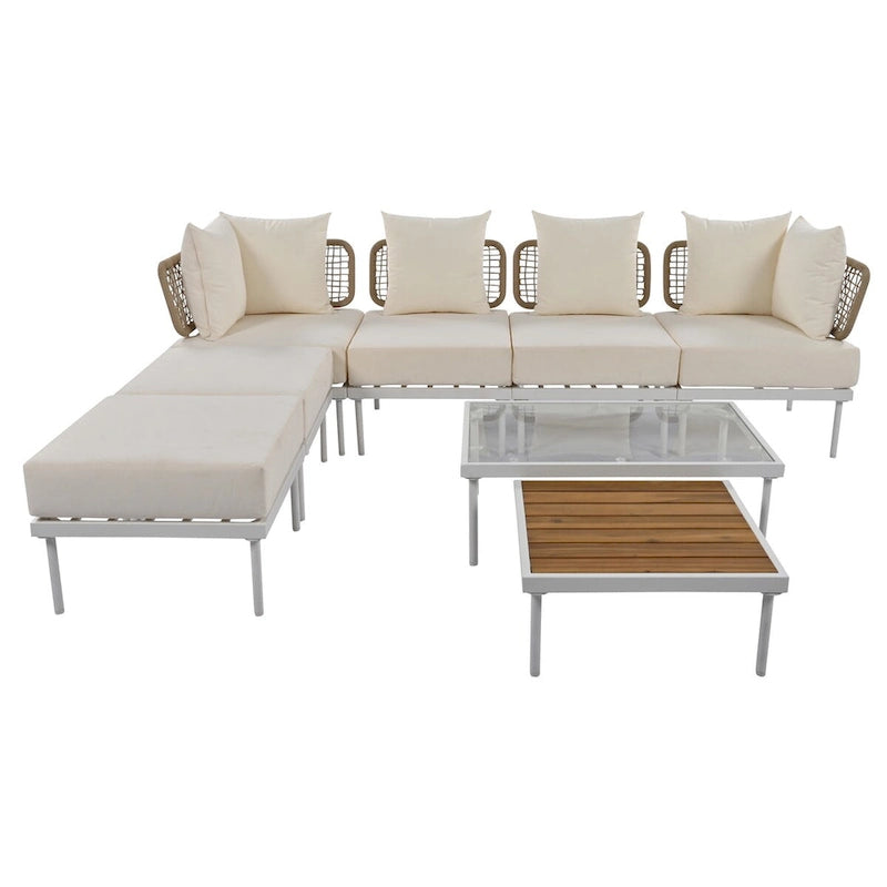 Ensemble de canapés modulaires de patio 8 pièces avec table basse en verre trempé et table basse en bois pour oasis extérieure, jardin
