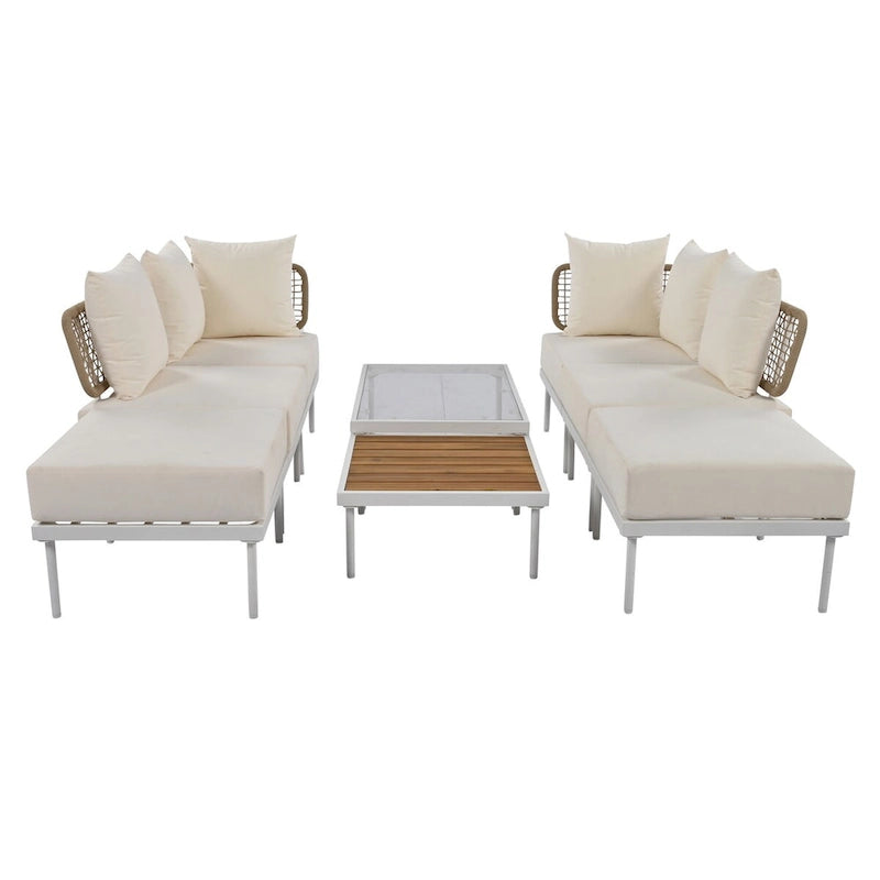 Ensemble de canapés modulaires de patio 8 pièces avec table basse en verre trempé et table basse en bois pour oasis extérieure, jardin