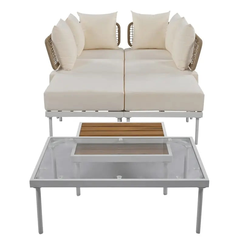 Ensemble de canapés modulaires de patio 8 pièces avec table basse en verre trempé et table basse en bois pour oasis extérieure, jardin