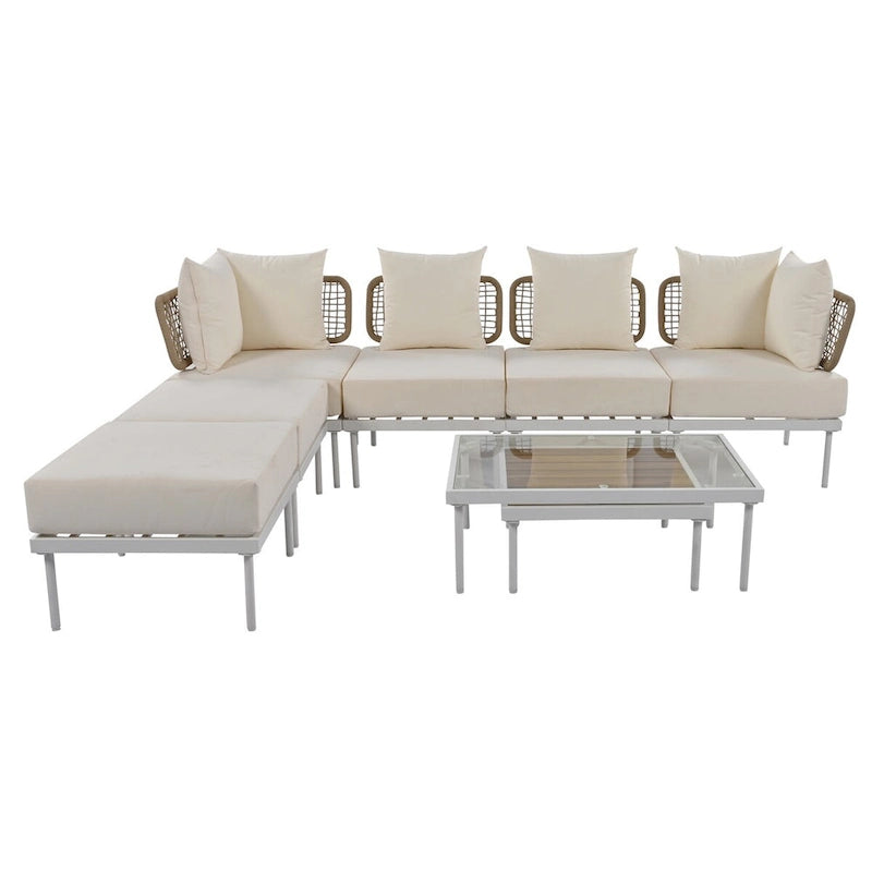 Ensemble de canapés modulaires de patio 8 pièces avec table basse en verre trempé et table basse en bois pour oasis extérieure, jardin