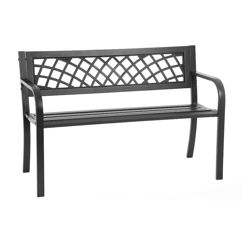 Banc de parc extérieur Hayden en métal thermolaqué noir, résistant aux intempéries et à la rouille