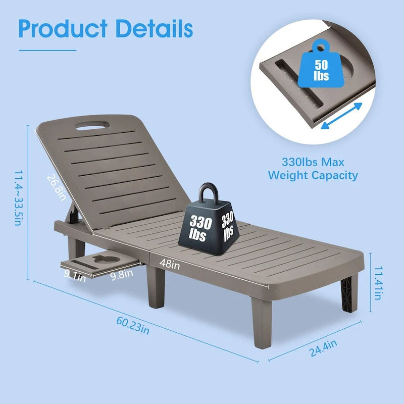 Ouyessir 60 Chaises longues de jardin compactes avec dossier réglable et tablette escamotable (lot de 2)