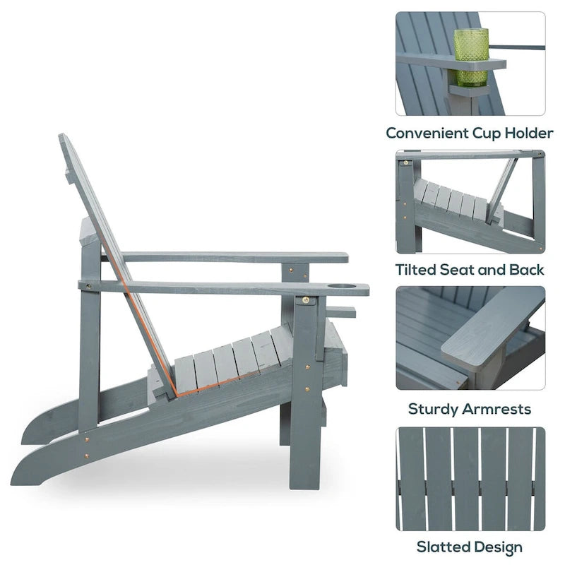 Chaise Adirondack rustique en bois avec porte-gobelet, résistante aux intempéries, pour patio extérieur